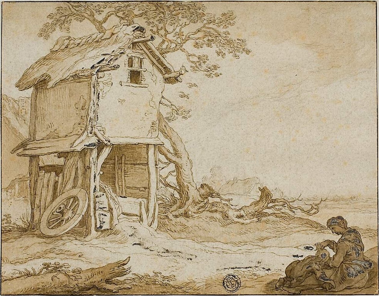 Landschaft mit Scheune, sitzender Frau und Kind von School of Abraham Bloemaert