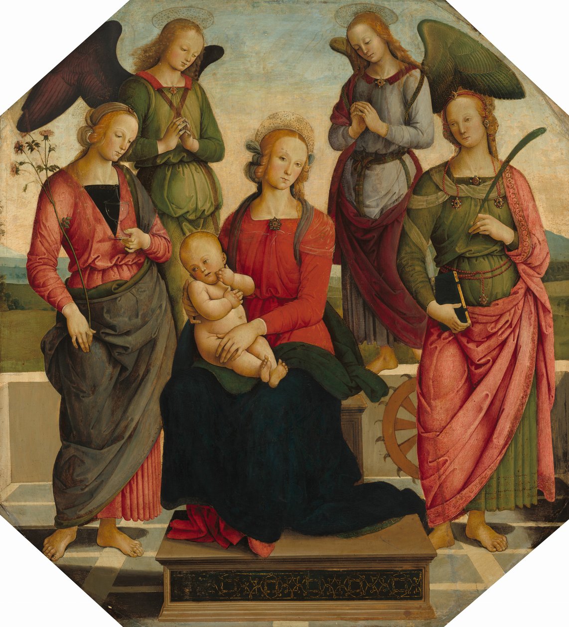 Madonna mit Kind und zwei Engeln, Heilige Rosa und Heilige Katharina von Alexandria von School of Perugino