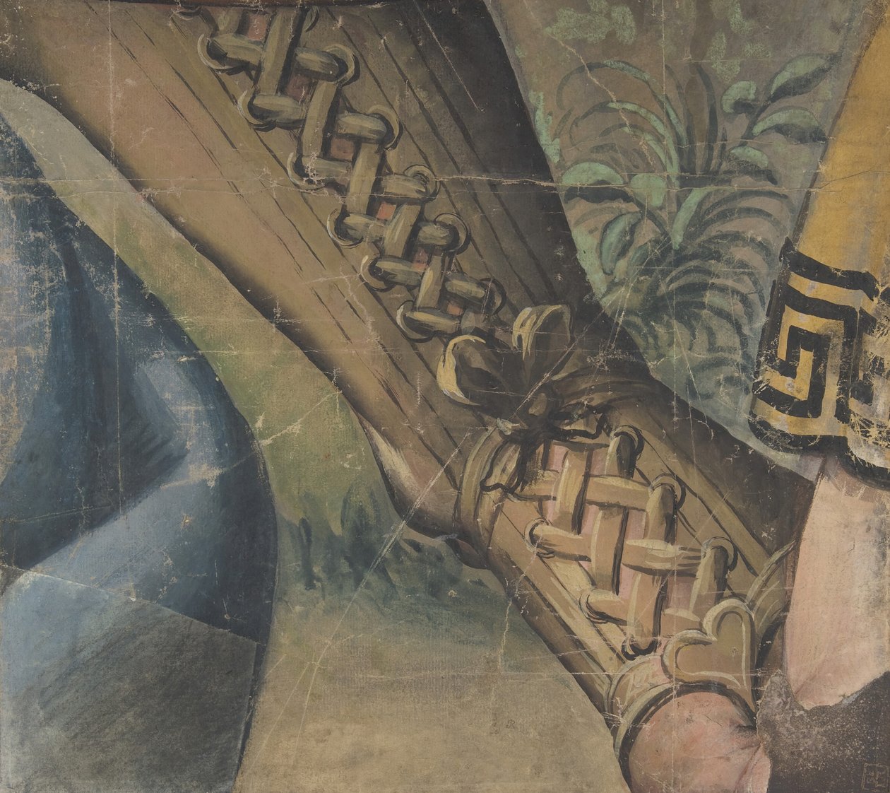 Fragment eines Wandteppich-Kartons: Fuß in einem Buskin, Draperie und eine Pflanze, 1500-1550 von School of Raphael.