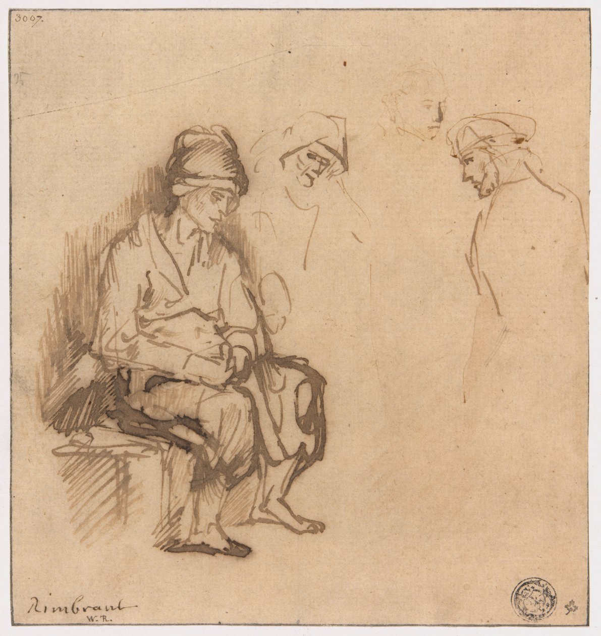 Frau auf Bank sitzend und drei Skizzen von Köpfen von School of Rembrandt van Rijn