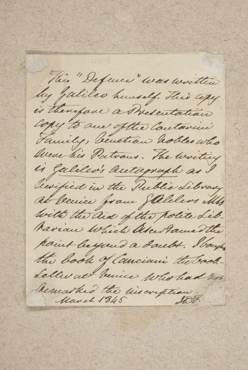 Notiz auf die Vorderseite von Difesa, von Galileo, 1845 von Scottish School