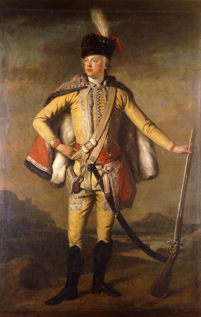Porträt von John Lindsay, 20. Earl of Crawford und Lindsay, in voller Länge, in Husarenuniform, mit einer Steinschlossmuskete, eine Landschaft im Hintergrund, ca. 1745 von Scottish School