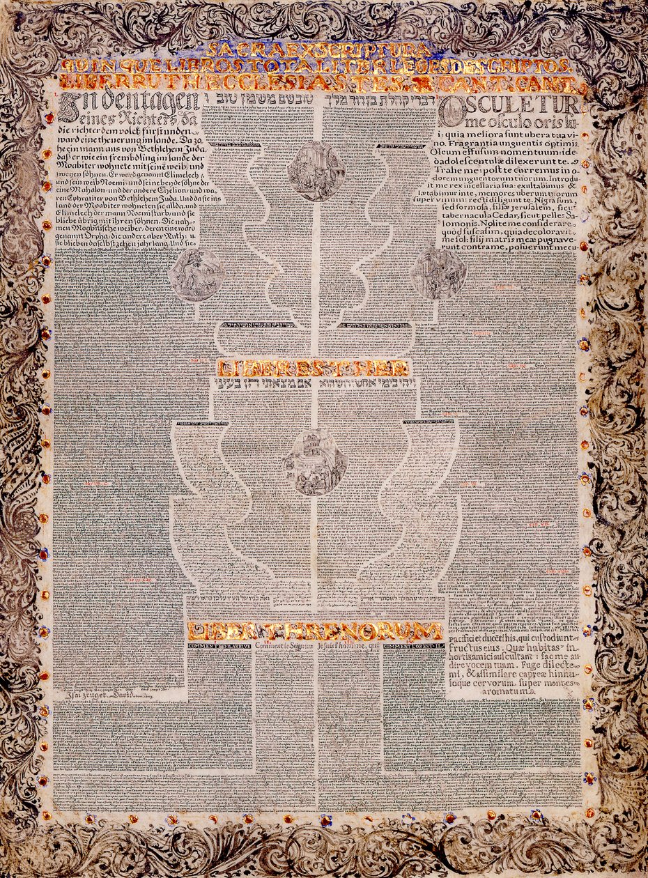 Die fünf Schriftrollen in mehrsprachiger Mikrografie Ruth, Hohelied, Prediger, Esther und Klagelieder von Scribe and illuminator  Aaron Wolf Herlingen