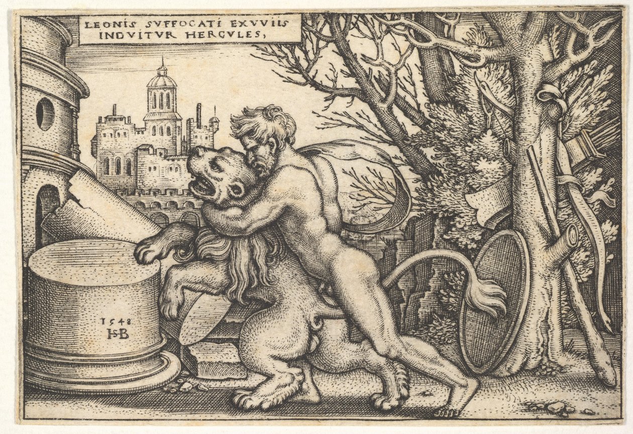 Herkules im Profil, der den nemeischen Löwen mit seinem Arm um den Hals tötet, aus 