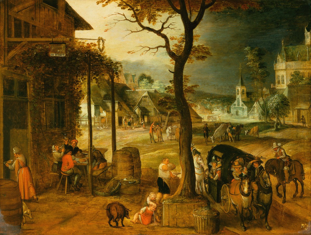 Dorf mit Reisenden, die sich in einem Gasthaus erfrischen von Sebastian (follower of) Vrancx
