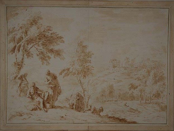 Weitläufige pastorale Landschaft mit Hügelstadt, ca. 1720 von Sebastiano Ricci