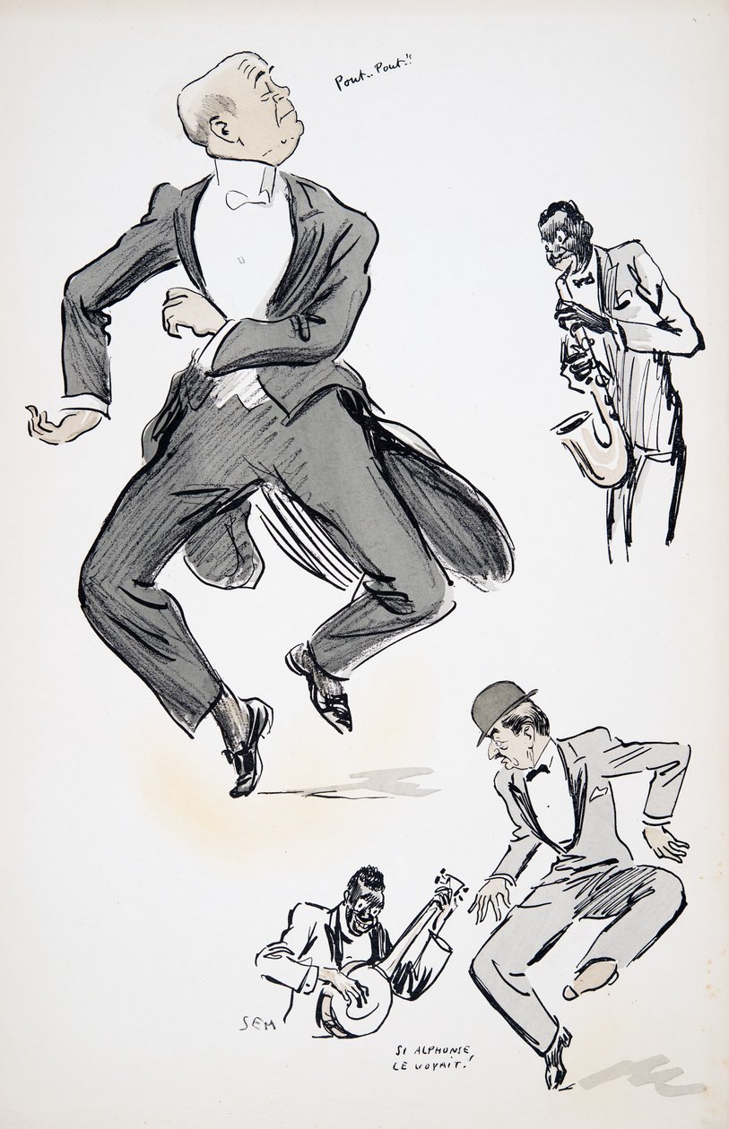 Herr in weißer Krawatte und Herr mit Melone probieren das Tanzen zu Jazz aus, gespielt von zwei Musikern am Saxophon und Banjo, aus White Bottoms, veröffentlicht 1927 von Sem