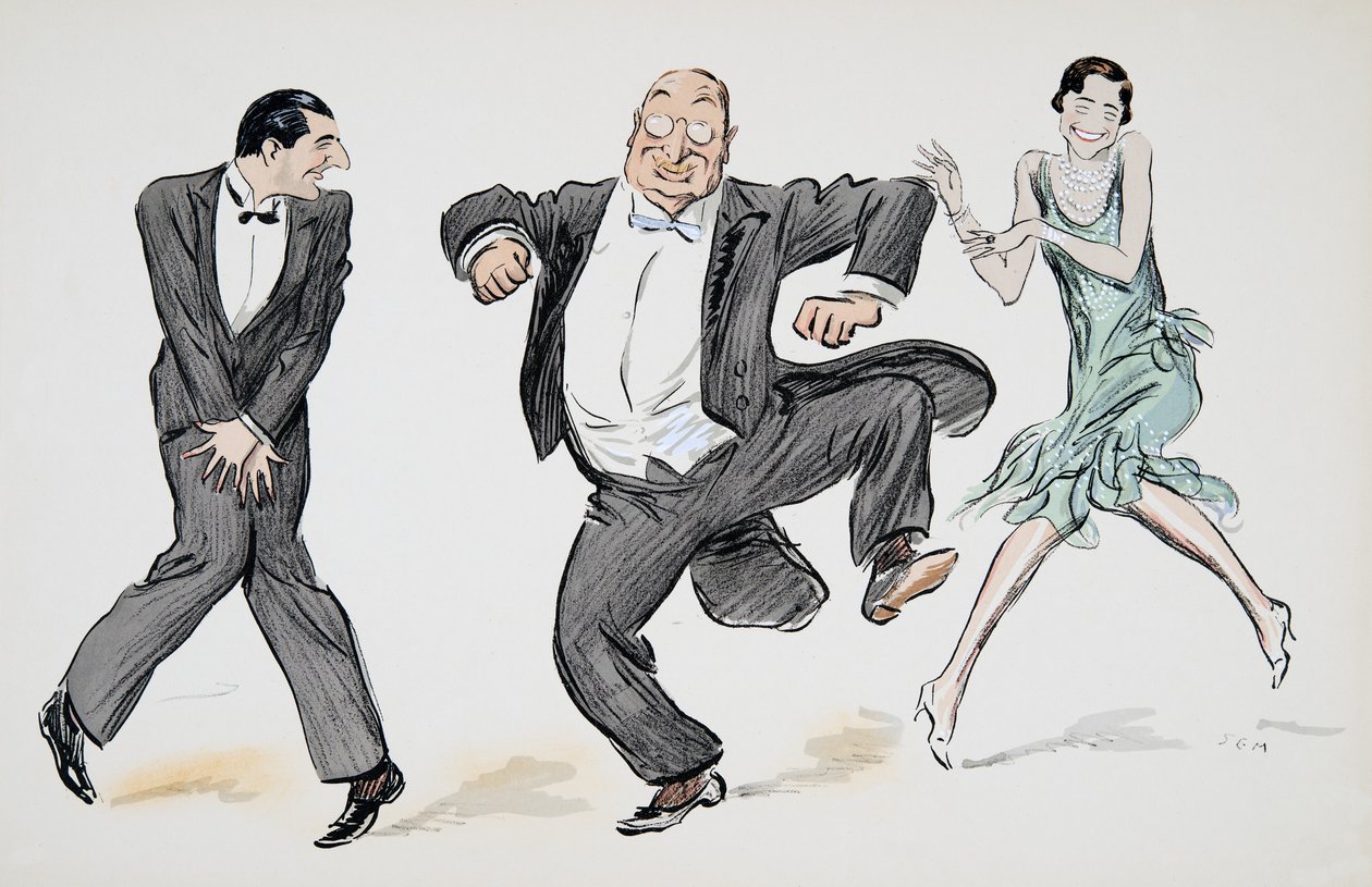 Ein Herr in schwarzer Krawatte, ein weiterer Herr in Frack und weißer Krawatte und eine Frau in einem hellgrünen Flapperkleid und Perlen tanzen den Charleston, aus White Bottoms, veröffentlicht 1927 von Sem