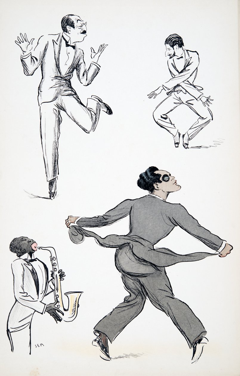 Drei Herren in schwarzer Krawatte führen Bewegungen des Charleston zu einem Saxophon auf, aus White Bottoms, veröffentlicht 1927 von Sem