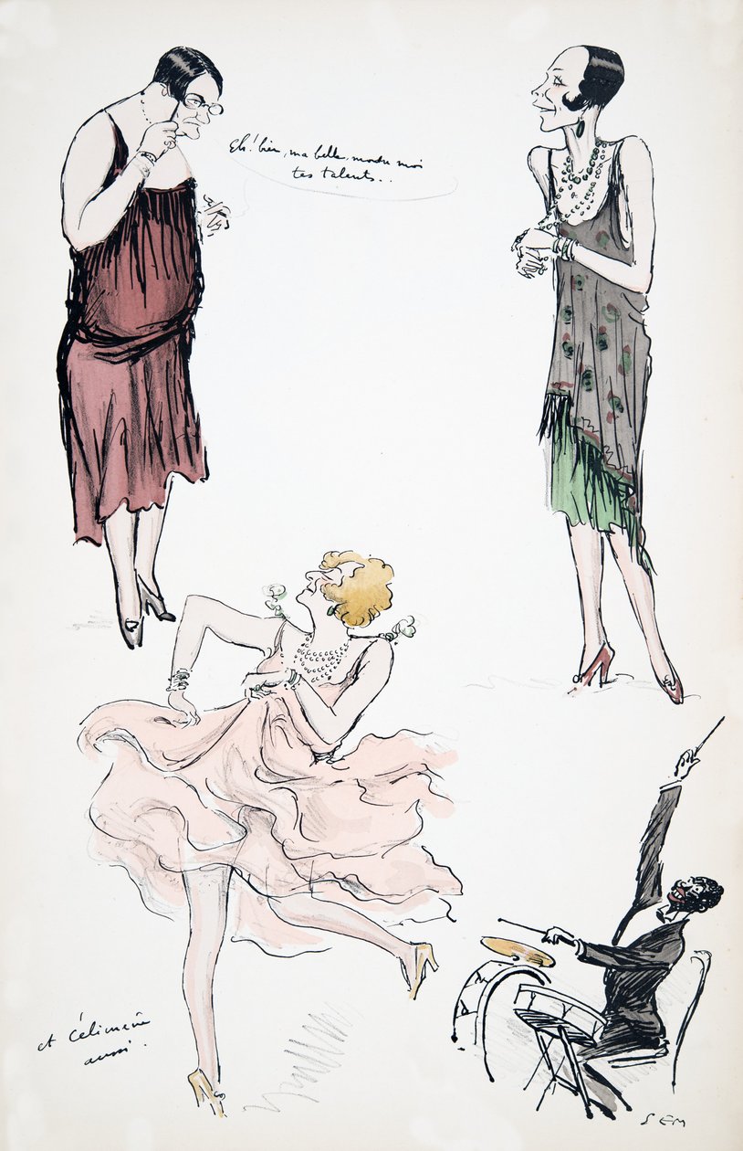 Zwei Transvestiten im Gespräch, während ein weiterer zu einem Musiker am Schlagzeug tanzt, aus White Bottoms, veröffentlicht 1927 von Sem