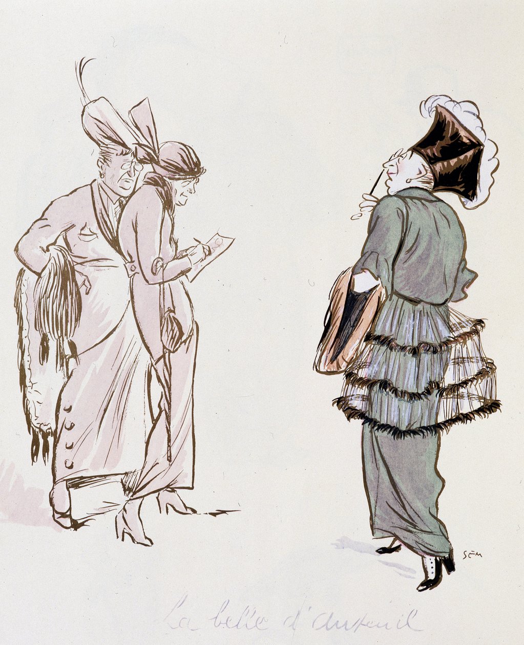 Fantastisches Kostümmodell („Die Schöne von Auteuil“) von Sem, „Der wahre und der falsche Chic“ von Sem