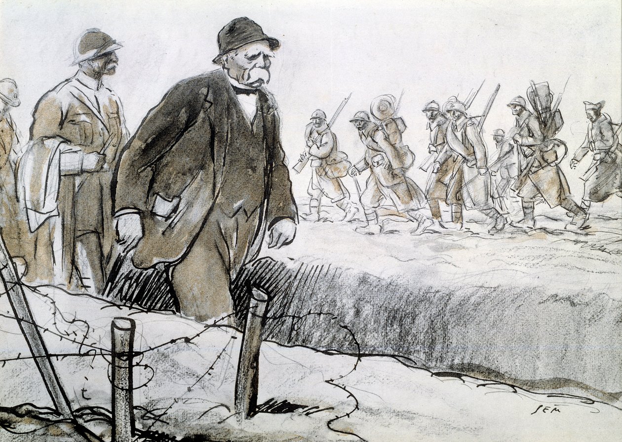 Erster Weltkrieg: Porträt von Clemenceau (1841-1929) in einer Kaserne an der Front. Zeichnung von Georges Goursat, genannt Sem (1863-1934) von Sem