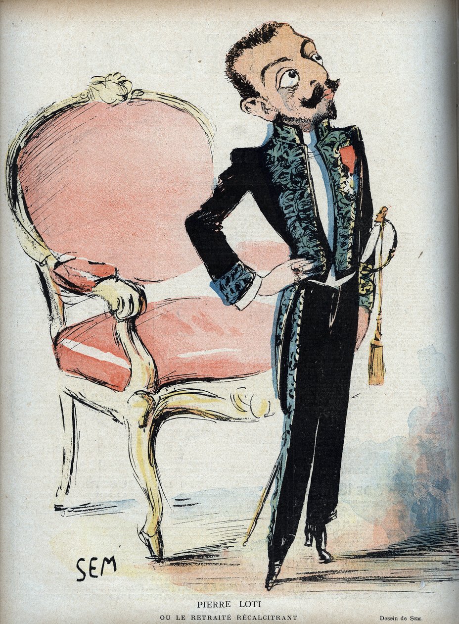 Pierre Loti (1850-1923) oder der widerspenstige Rückzug - (im grünen Kleid der französischen Akademie) - Karikatur von SEM (Georges Goursat) (1863-1934) in „Le rire de 1898“ von Sem