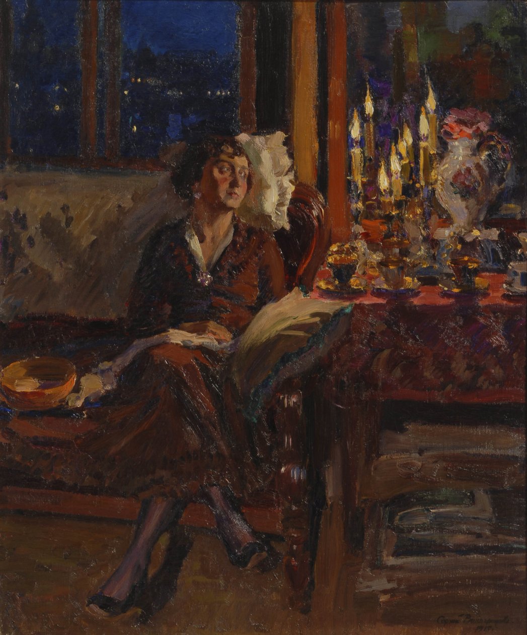 Dame mit Buch in einem Innenraum, 1917 von Sergei Arsenevich Vinogradov