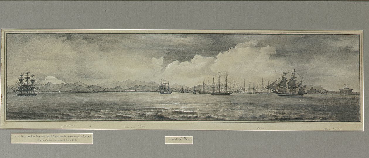 Küste von Peru: Die Anden, Hausdächer von Lima, Callao, Forts von Callao, vom Deck der preußischen Bark Rosamunde von Seth Jr. Cole