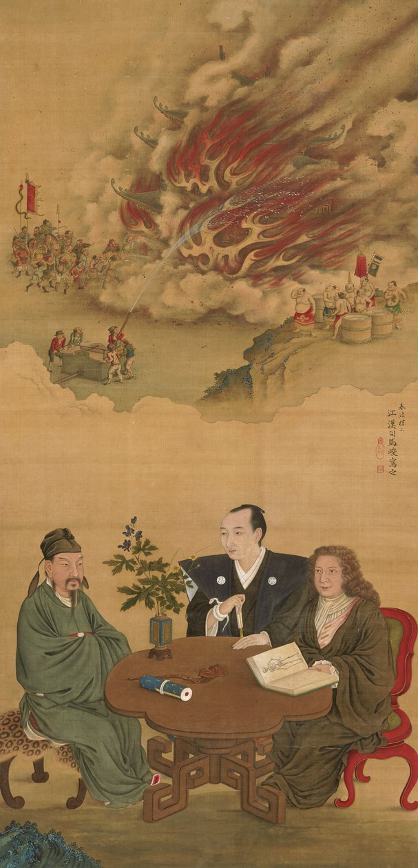 Hängende Schriftrolle, die ein Treffen von Japan, China und dem Westen darstellt von Shiba Kokan
