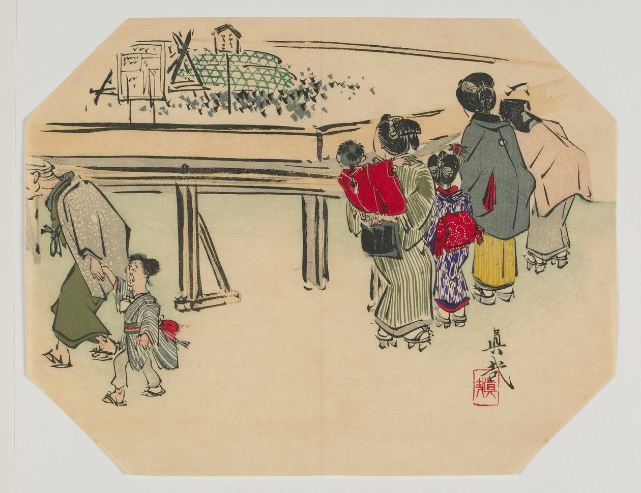 Druck für einen Uchiwa, Frauen und Kinder, Meiji-Ära, späte 19. Jahrhundert (Farbholzschnitt) von Shibata Zeshin