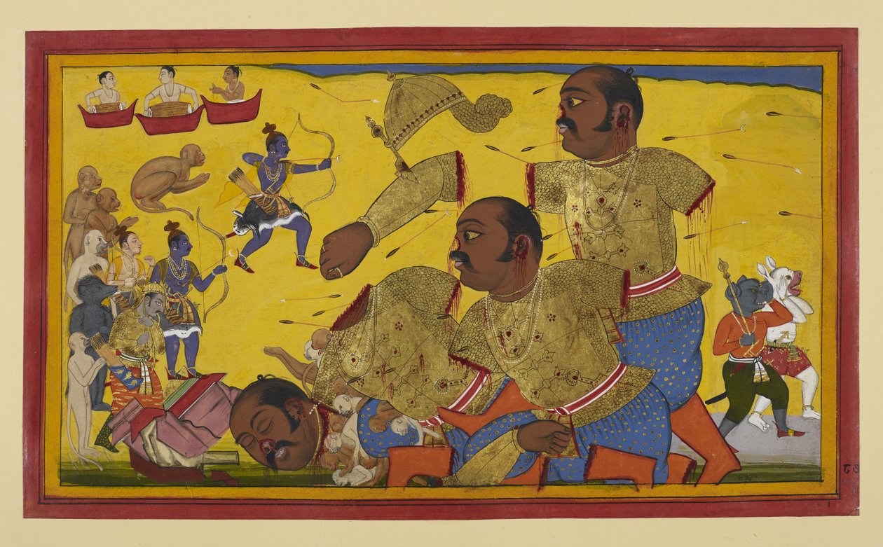 Kumbhakarṇa wird von Rāma getötet; Verbündete jubeln, während Vibhīṣaṇa trauert von S?hibdin S?hibdin