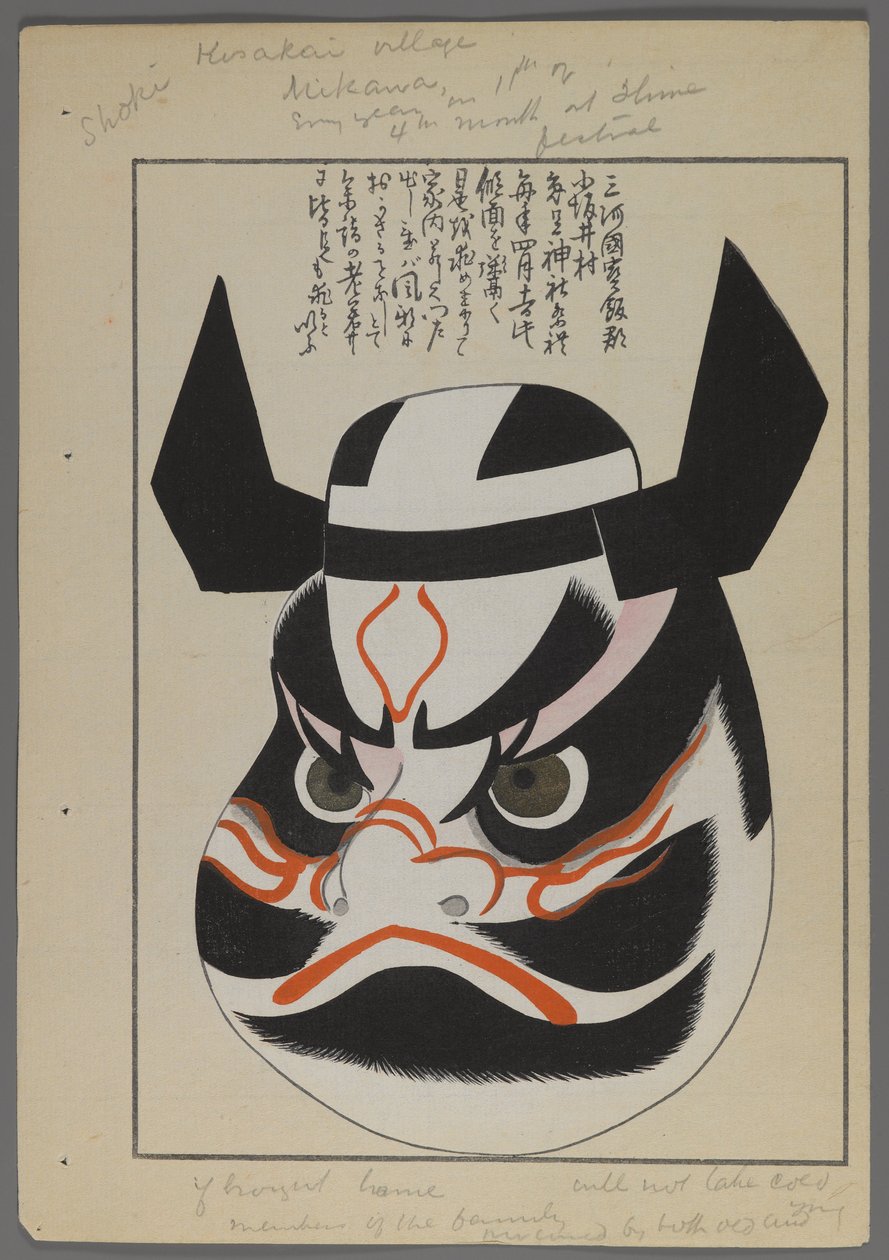 Japanische Spielzeuge, aus Unai no tomo (Ein Kinderfreund) von Shimizu Seifu, 1891-1923. Kriegermaske. von Shimizu Seifu