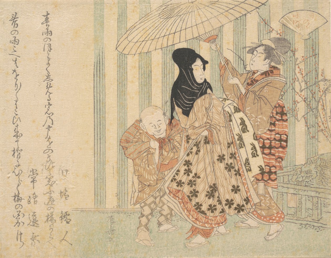 Kurtisane mit Begleitern, Junge und Magd, im Regen unter einem Regenschirm, ca. 1800 von Shinsai