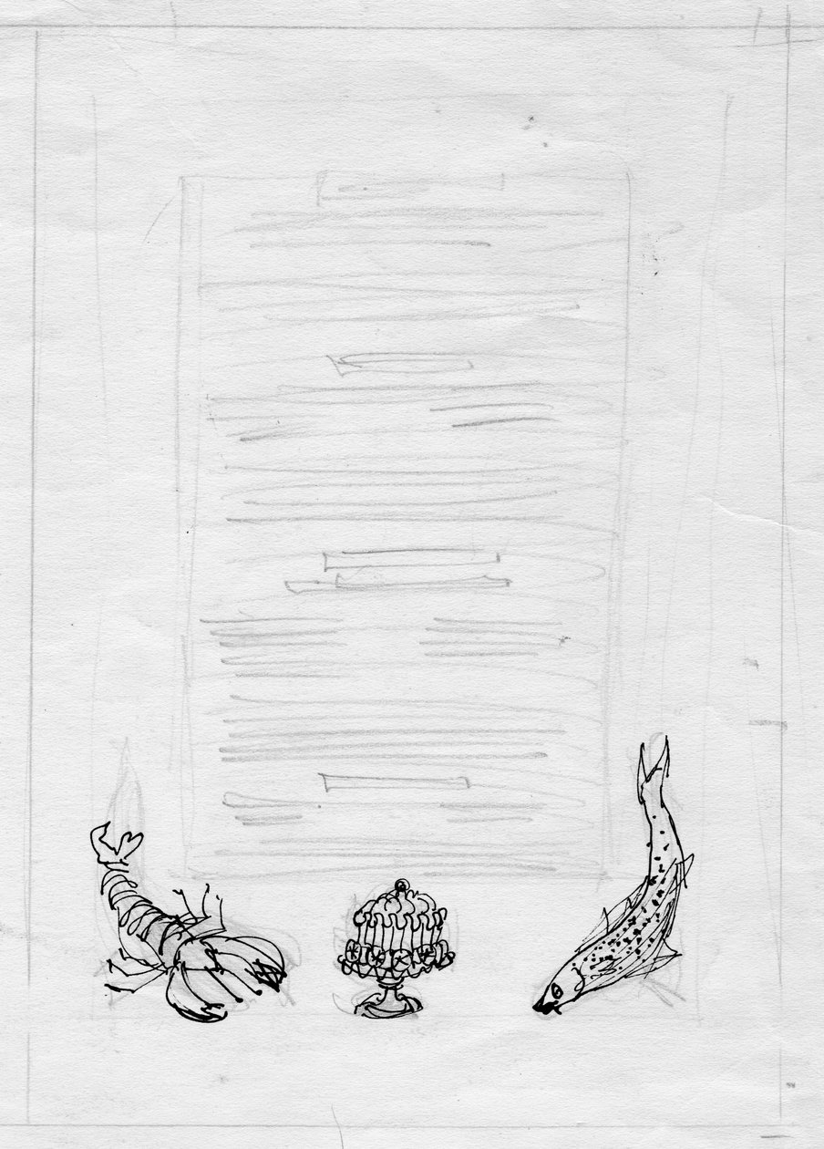 Hummer, Fisch und Kuchen, Menüdesign, ca. 1950 von Shirley Markham
