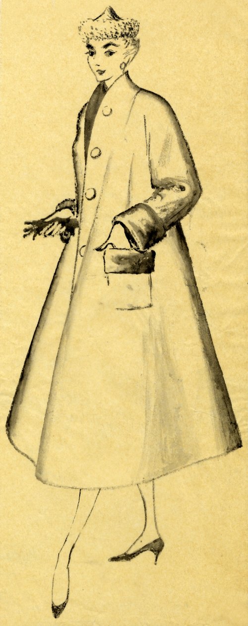 Frau im Staubmantel und spitzem Hut, ca. 1952 von Shirley Markham