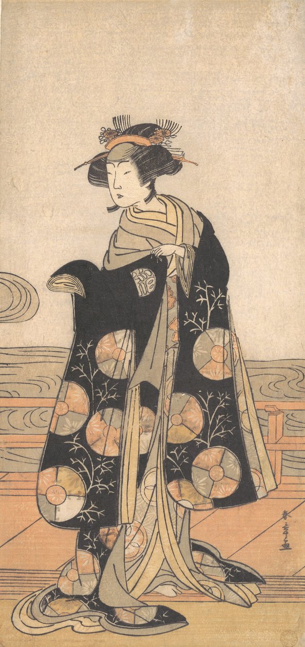Yoshizawa Iroha als Frau, die auf der Engawa eines Hauses am Fluss steht, ca. 1778 von Shunsho