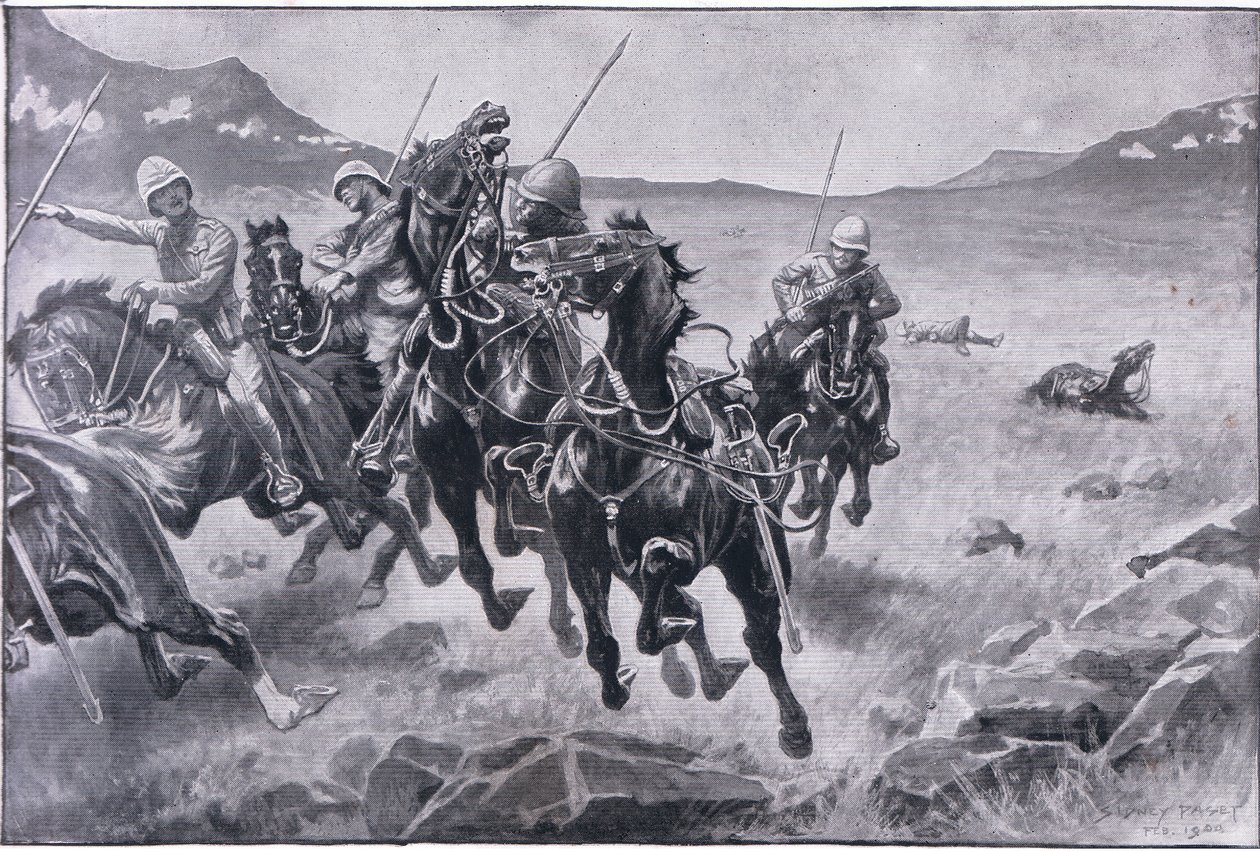 Durch das Spießrutenlaufen: eine Lanzenpatrouille unter Kreuzfeuer (Litho) von Sidney Paget