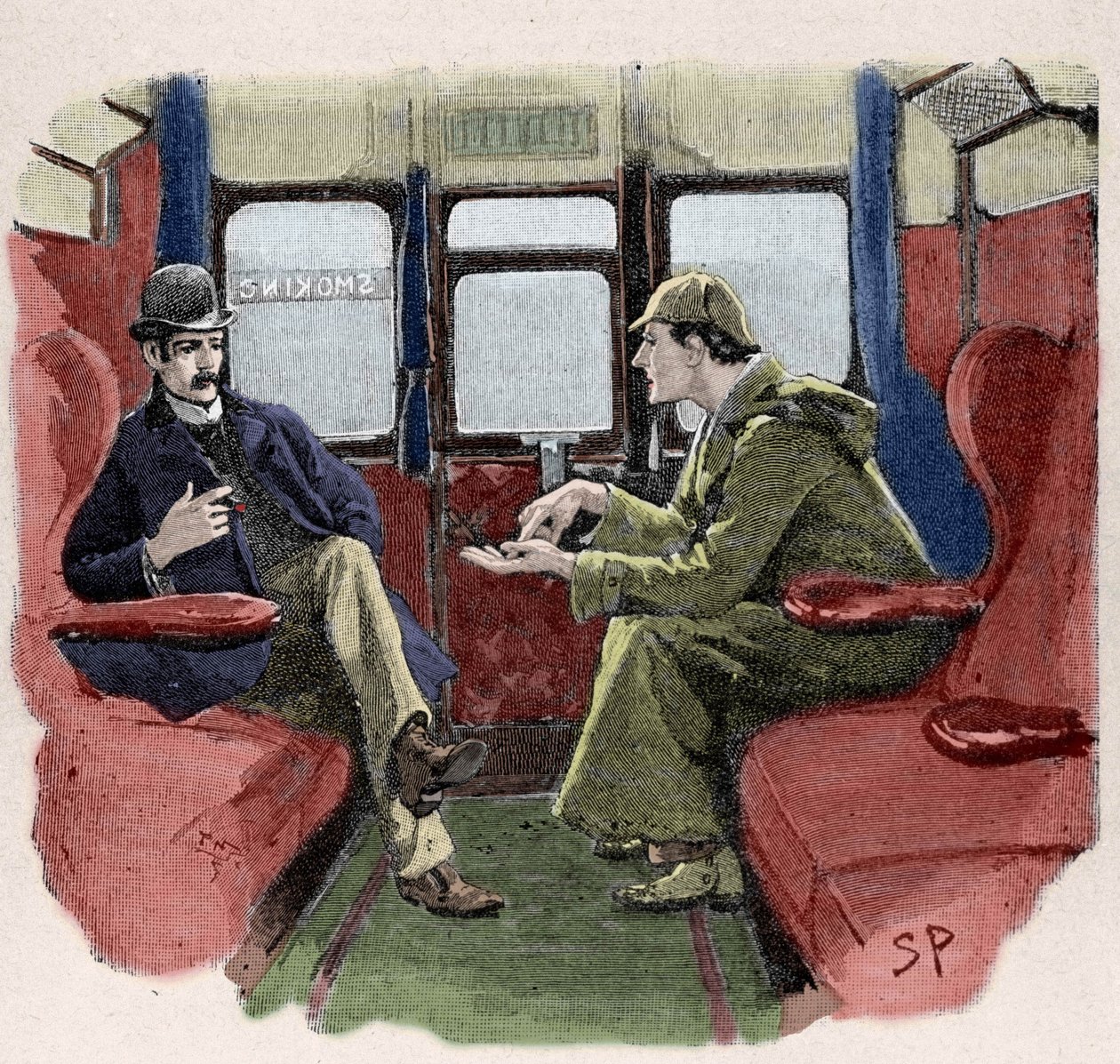 Silver Blaze: Sydney Pagets Illustration eines Sherlock-Holmes-Abenteuers. Der berühmte Detektiv wird mit Dr. Watson in einem Zug dargestellt. Veröffentlicht im „The Strand Magazine“. Geschichte von Conan Doyle. 1892 von Sidney Paget