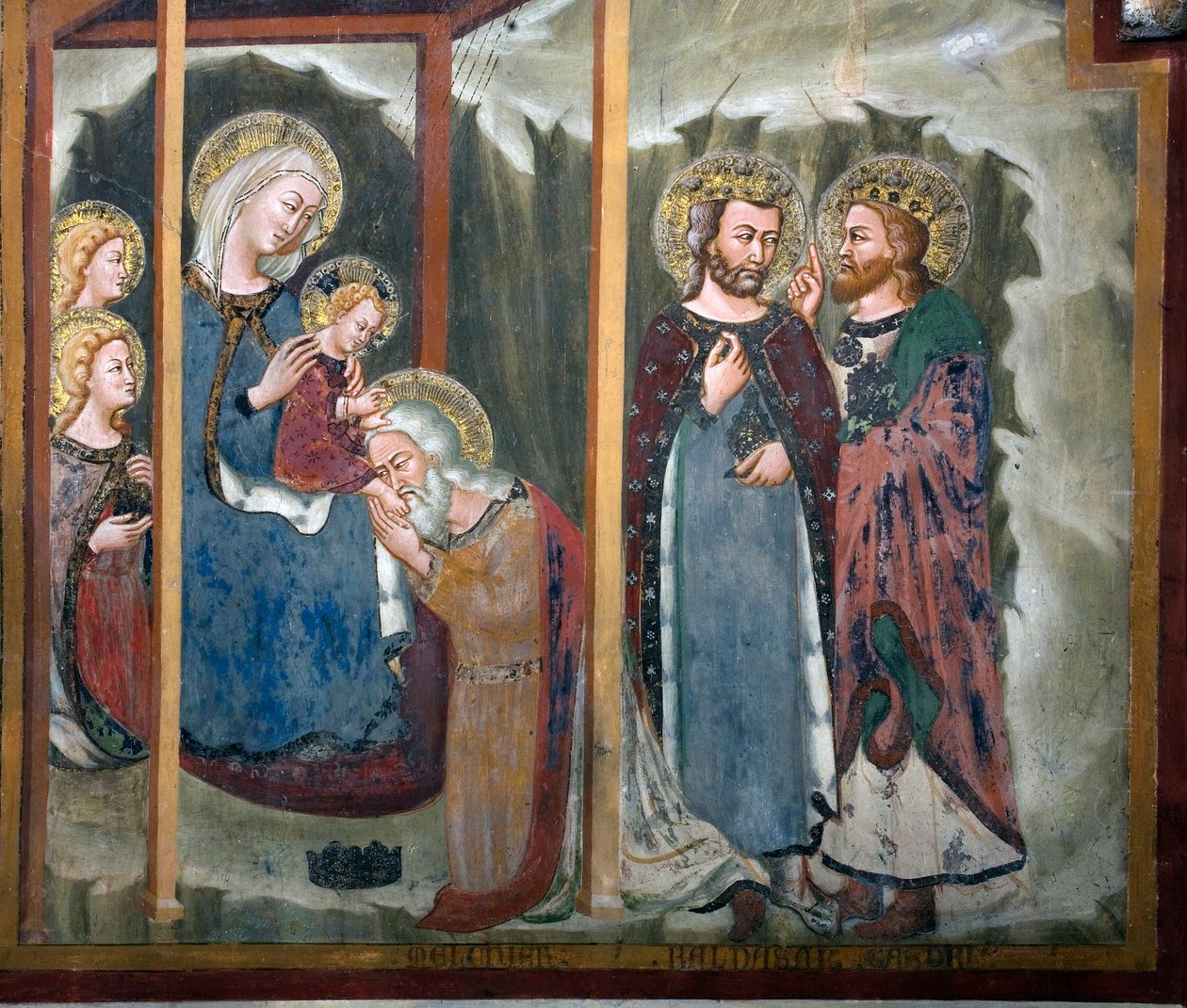 Anbetung der Heiligen Drei Könige. Fresko der Schule von Siena. 14. Jahrhundert. Kapelle der Jungfrau. Kloster von San Benedetto (Sacro Speco), Subiaco (Rom), Italien von Sienese School