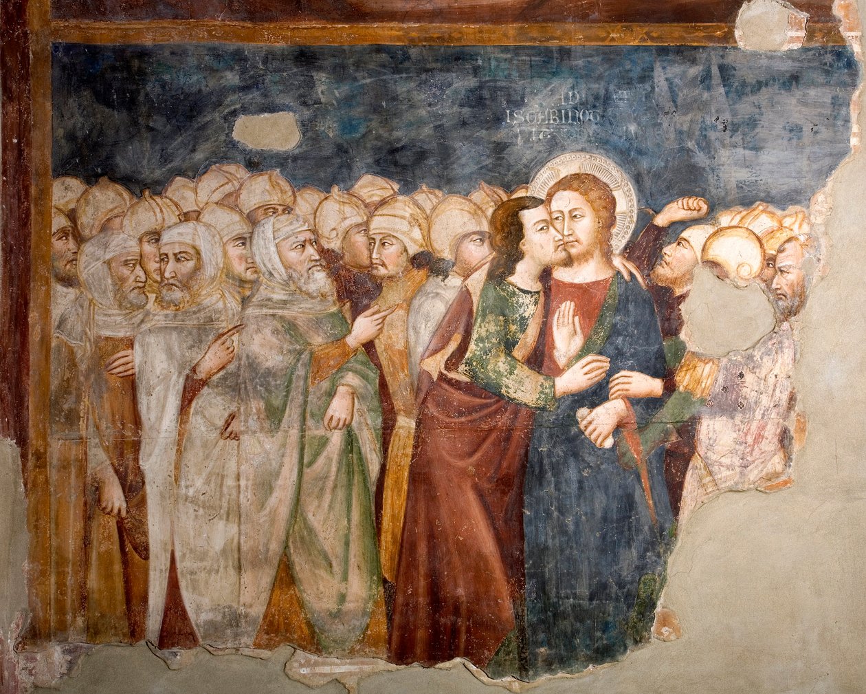 Der Kuss des Judas. Fresko der Schule von Siena. 14. Jahrhundert. Obere Kirche. Kloster von San Benedetto (Sacro Speco), Subiaco (Rom), Italien von Sienese School
