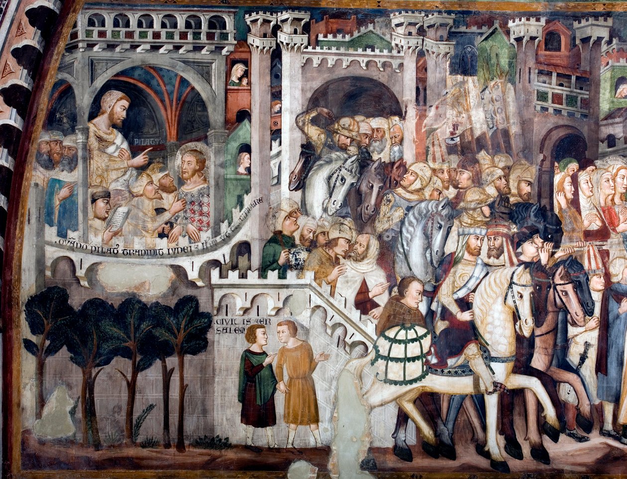 Detail eines Freskos in der Oberkirche, das den Aufstieg nach Golgatha darstellt: links Jesus vor Pontius Pilatus. Realisiert von der Schule von Siena Anfang des 14. Jahrhunderts. Kloster St. Benedetto (Sacro Speco), Subiaco von Sienese School