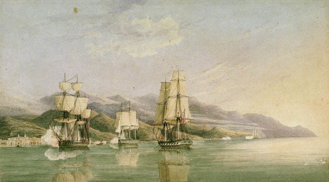 Angriff auf einen Konvoi von achtzehn französischen Handelsschiffen bei Laigrelia und Alassio, 27. Juni 1812, frühes 19. Jahrhundert von Silas Thomson (attr.to) Hood