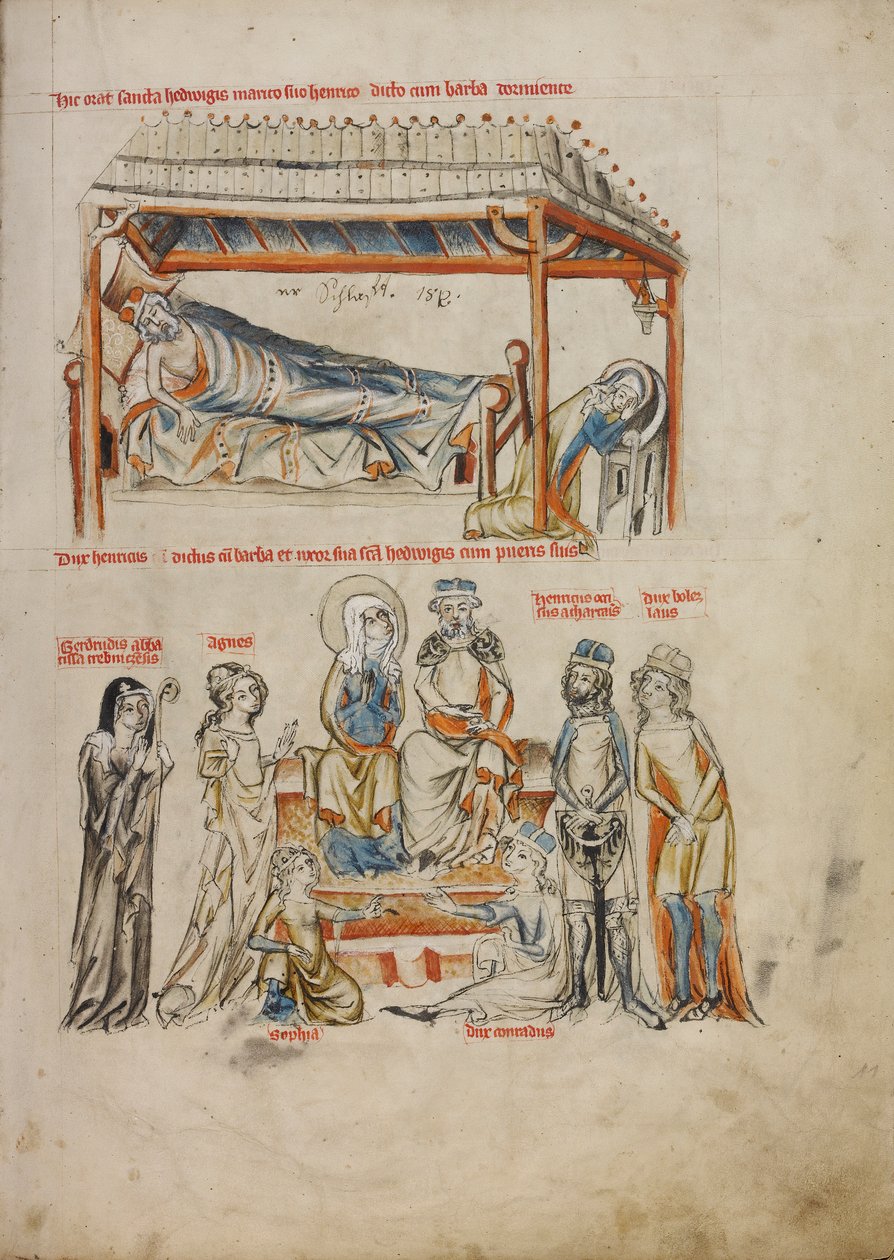 Heinrich schlafend und Heilige Hedwig betend; Heinrich und Heilige Hedwig mit ihren Kindern, 1353 von Silesian School Silesian School