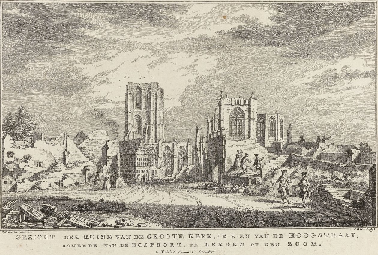 Ruine der Großen Kirche von Bergen op Zoom, 1748 (Zehn Ansichten der Ruinen nach der Belagerung und Zerstörung von Bergen op Zoom) von Simon Fokke