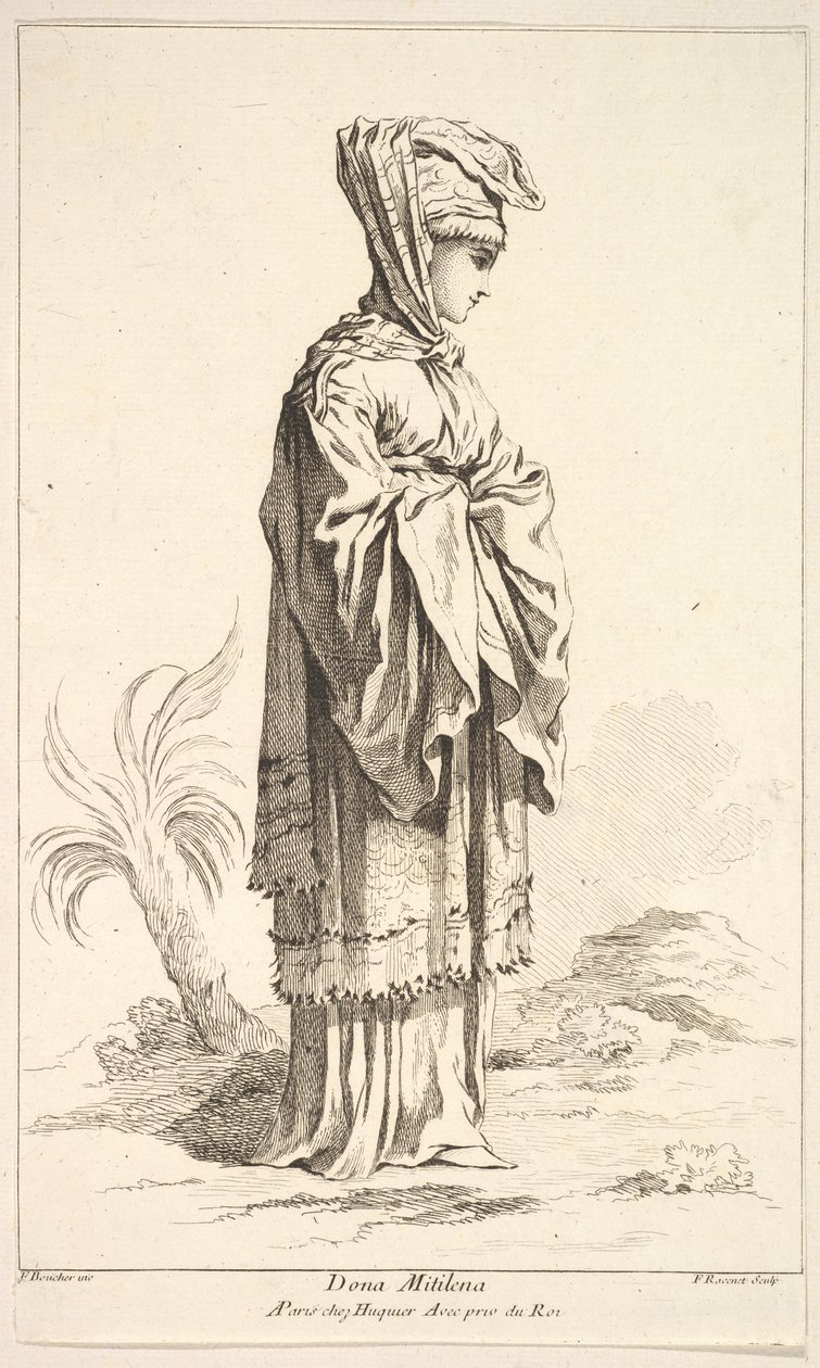 Dona Mitilena, aus Recueil de diverses figures étrangères Inventées par F. Bouche, 18. Jahrhundert von Simon Francois Ravenet