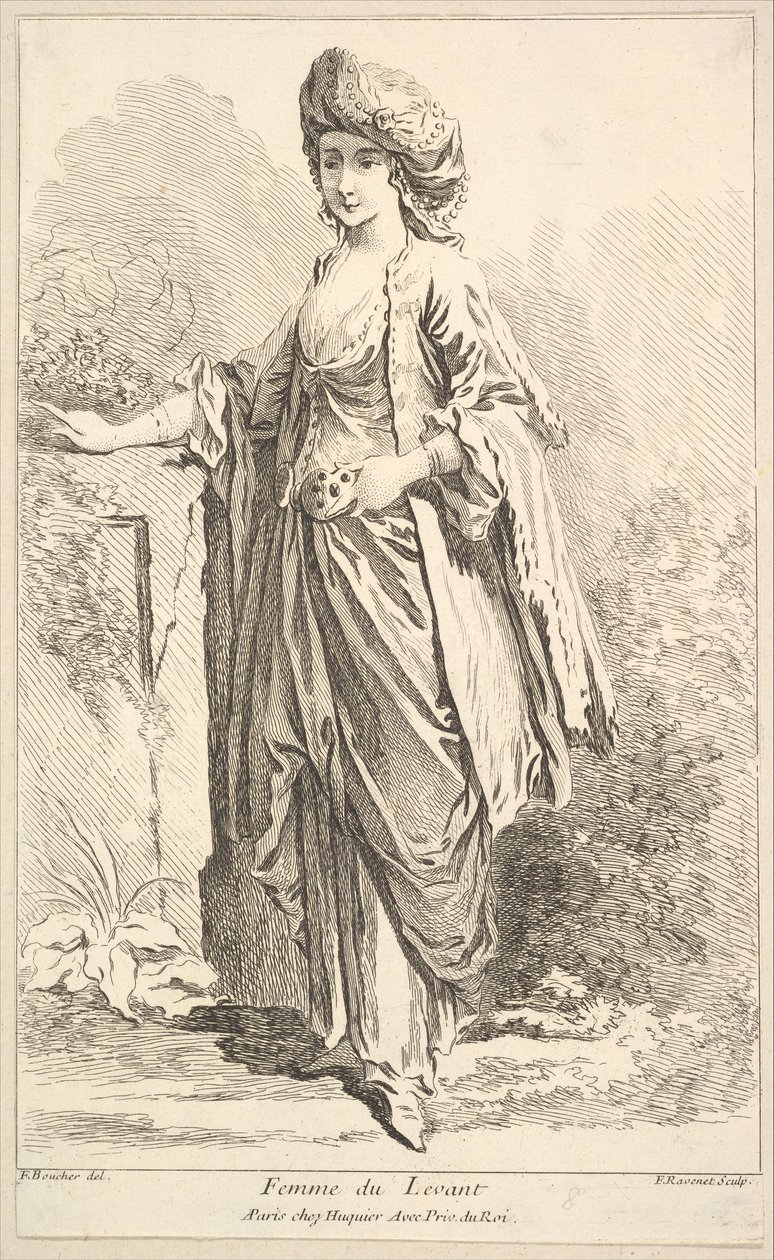 Femme du Levant, aus Recueil de diverses figures étrangères Inventées par F. Bouc..., 18. Jahrhundert von Simon Francois Ravenet