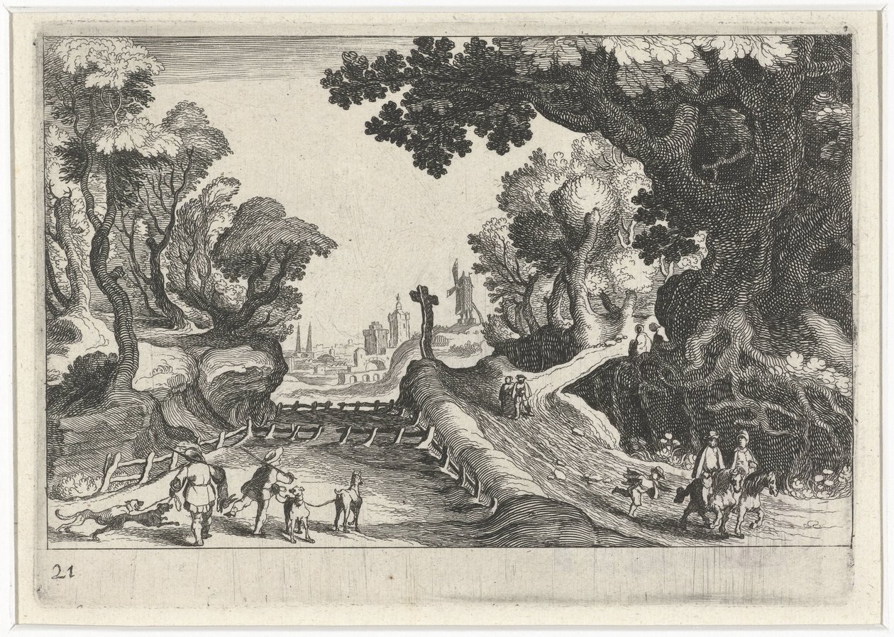 Waldlandschaft mit einem Kreuz entlang eines Pfades (Süd-Europäische Landschaften) von Simon Frisius