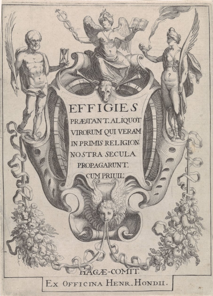 Kartusche mit Girlanden und Figuren von Simon Frisius