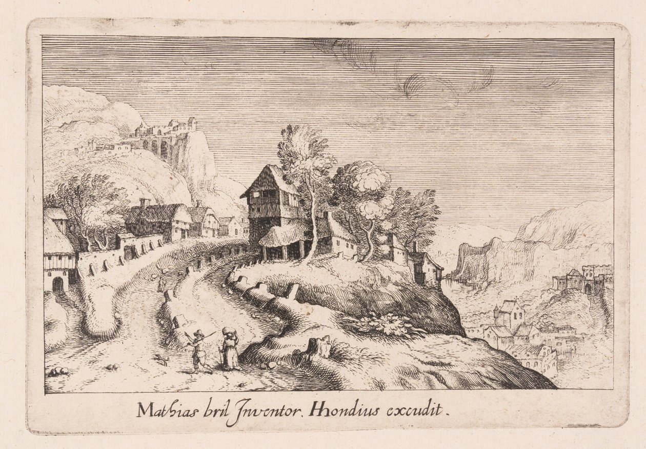 Landschaft mit einem Weg auf einen Berg durch ein Dorf, aus Topographia Variarum Regionum von Simon Frisius