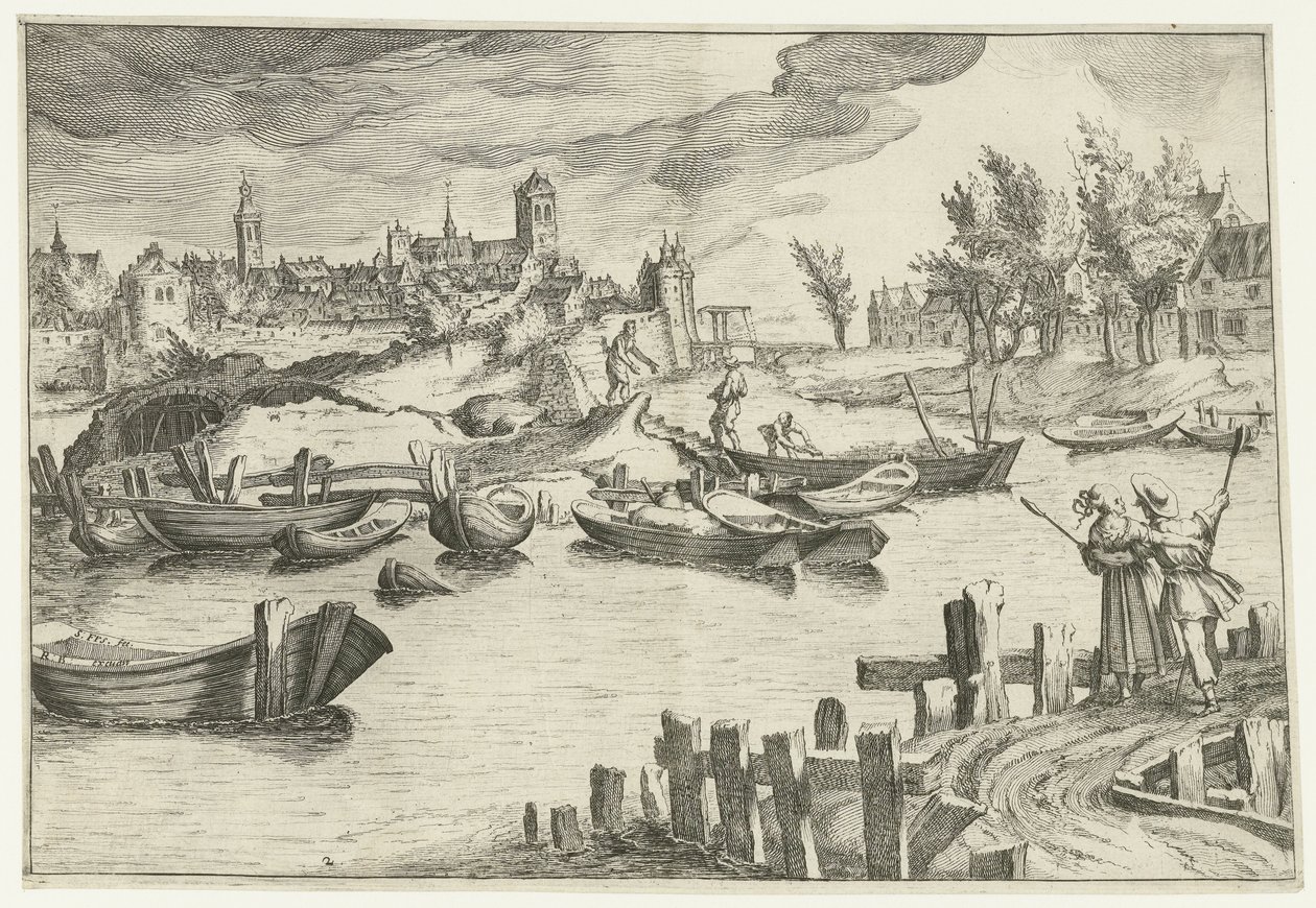 Flusslandschaft mit einer Stadt im Hintergrund von Simon Frisius