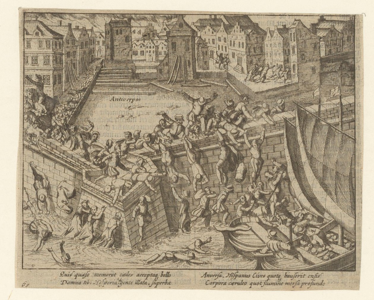 Spanische Furie: Einwohner flüchten in die Schelde, 1576 von Simon Frisius