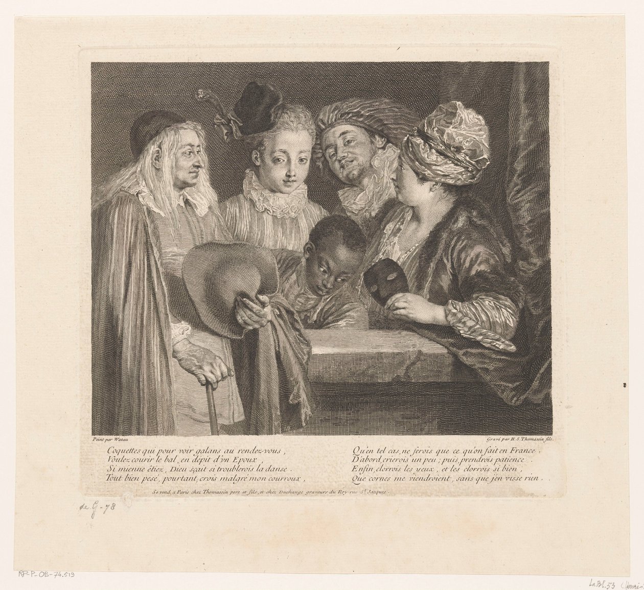 Gesellschaft von fünf Schauspielern bei einem Parapet Oeuvre von Antoine Watteau (Serientitel) von Simon Henri Thomassin