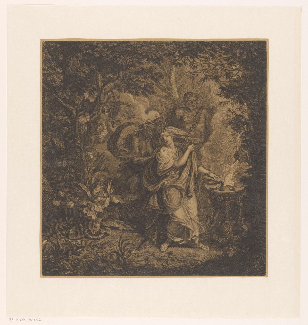 Mythologische Szene mit einer opfernden Königin im Wald, möglicherweise Althaea, und drei Gorgonen von Simon Henri Thomassin