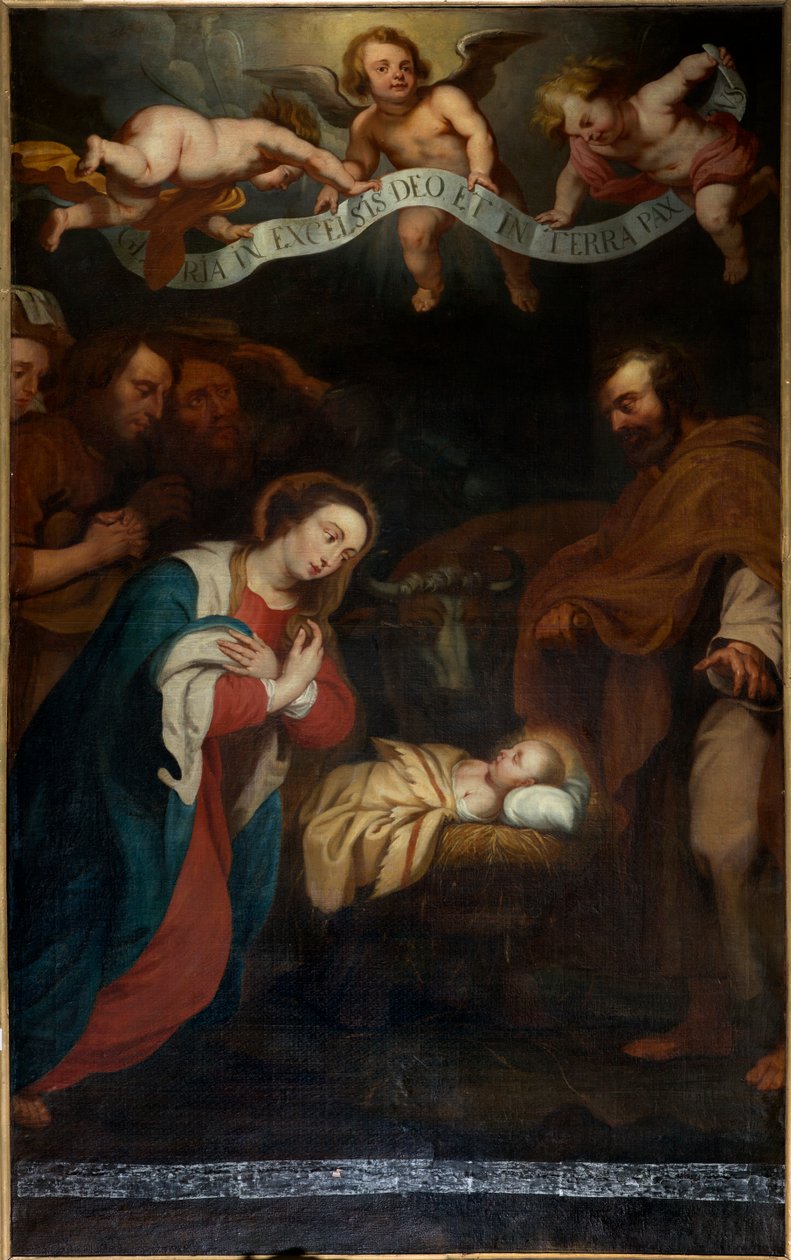 Pfarrkirche (Parochiekerk Sint-Laurentius). Innenraum. Nordschiff. Der Altar. Gemälde. "Die Geburt Christi". signiert Simon de Pape. 1666. von Simon II de Pape