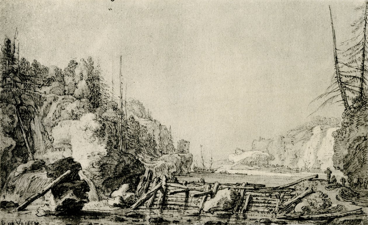 Landschaft mit einem Fluss zwischen bergigen Ufern von Simon de Vlieger