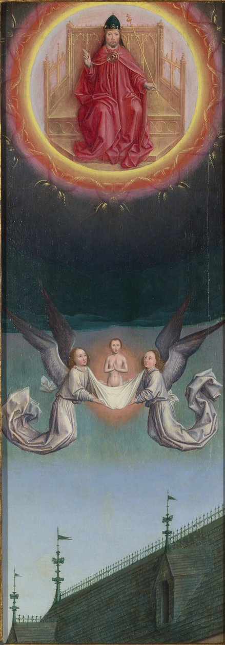 Die Seele des Heiligen Bertin wird zu Gott getragen vom St. Bertin Altarbild, ca. 1459 von Simon Marmion