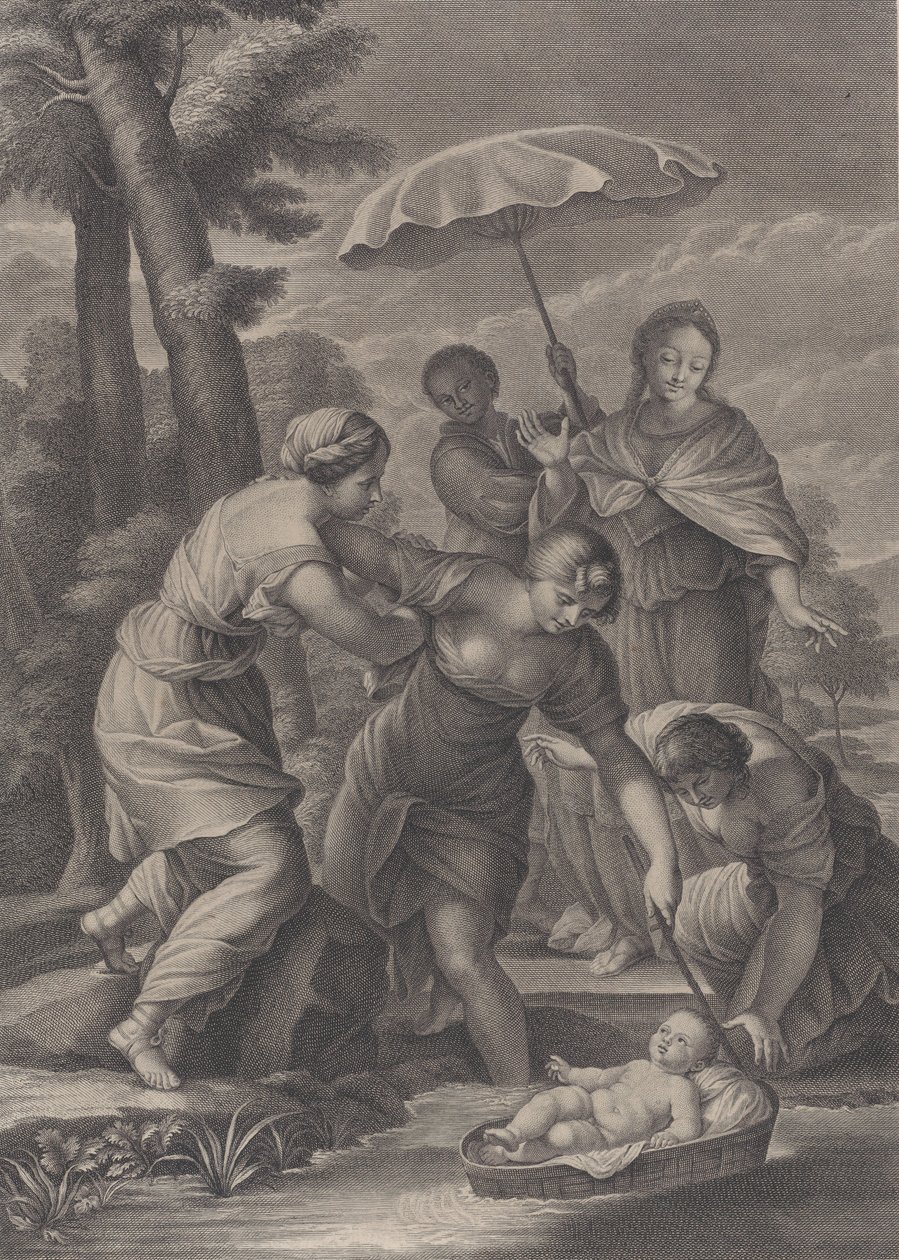 Drei Frauen ziehen den Korb mit dem Säugling Moses aus dem Wasser von Simon Vallee