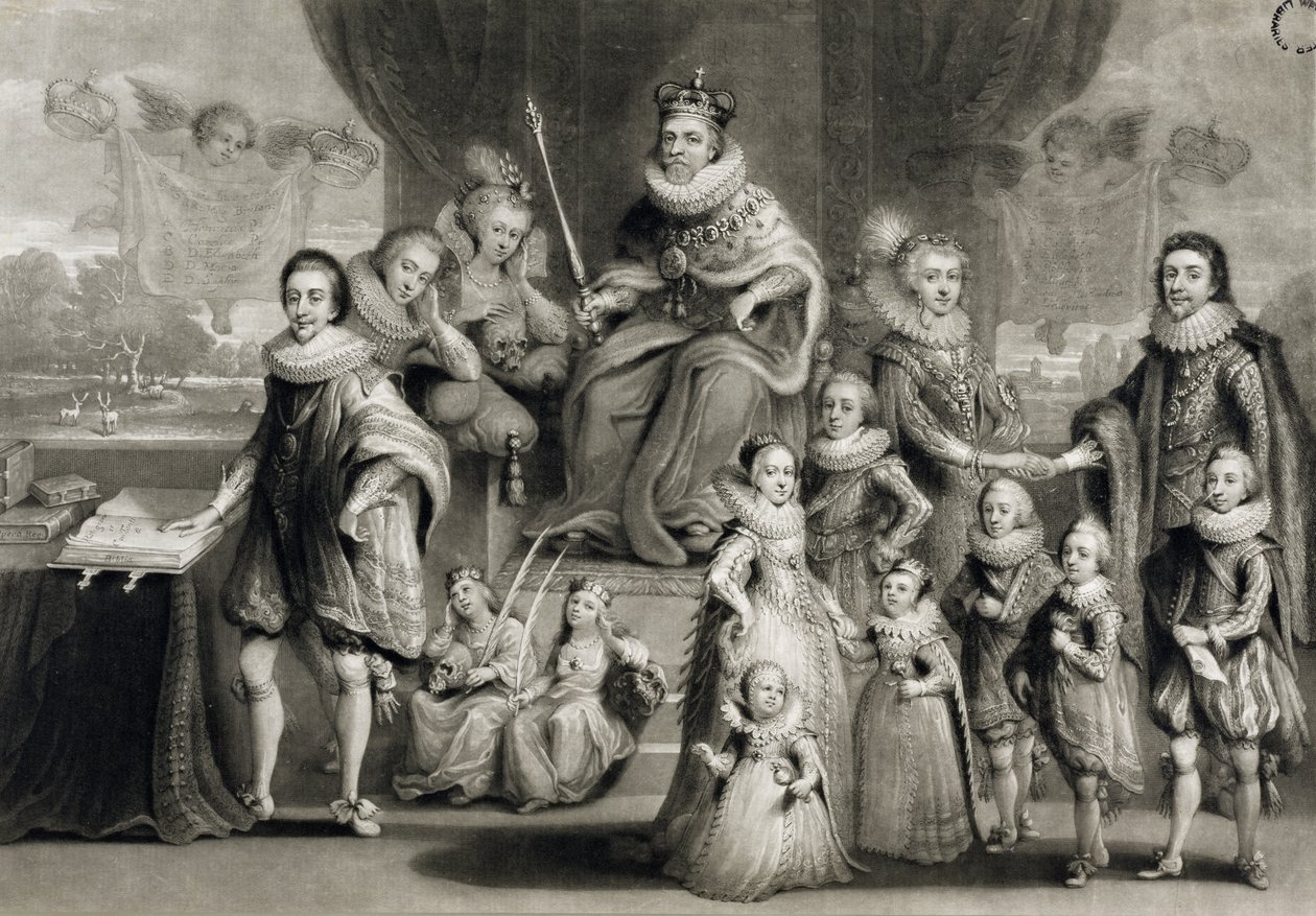 Seine Majestät Jakob I. und seine königliche Nachkommenschaft zusammen mit der Familie des Königs von Böhmen, graviert von Charles Turner, 1814 von Simon de Passe