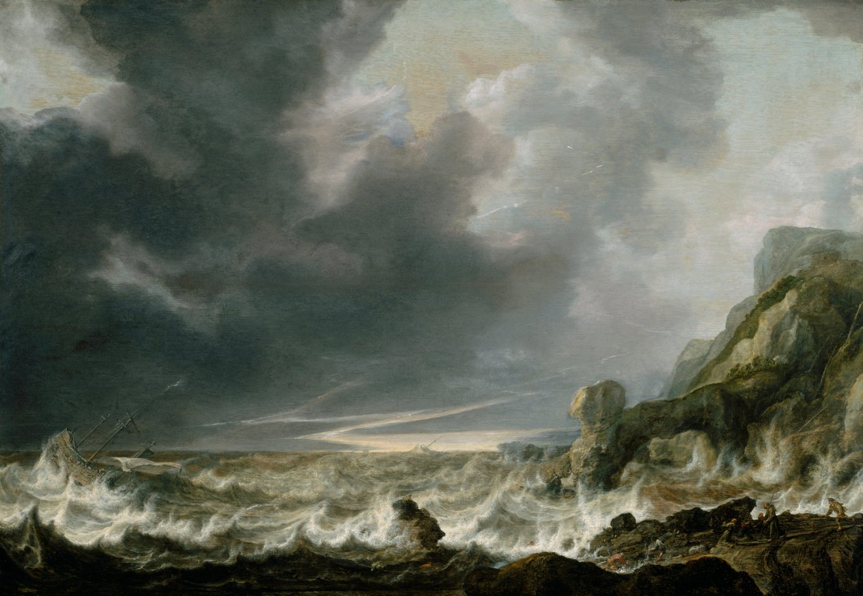 Schiff in Not vor einer felsigen Küste von Simon de Vlieger